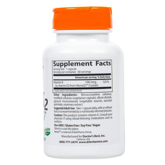 Natural Vitamin K2 MK7 with MenaQ7 100mcg, 60 vegcaps