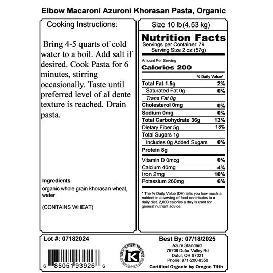 Azure Market Organics Elbow Macaroni Azuroni Khorasan Pasta