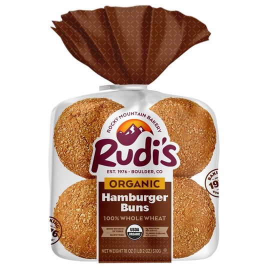 Rudi's Bakery 100 Whole Wheat Hamburger Buns, Frozen, Organic Azure